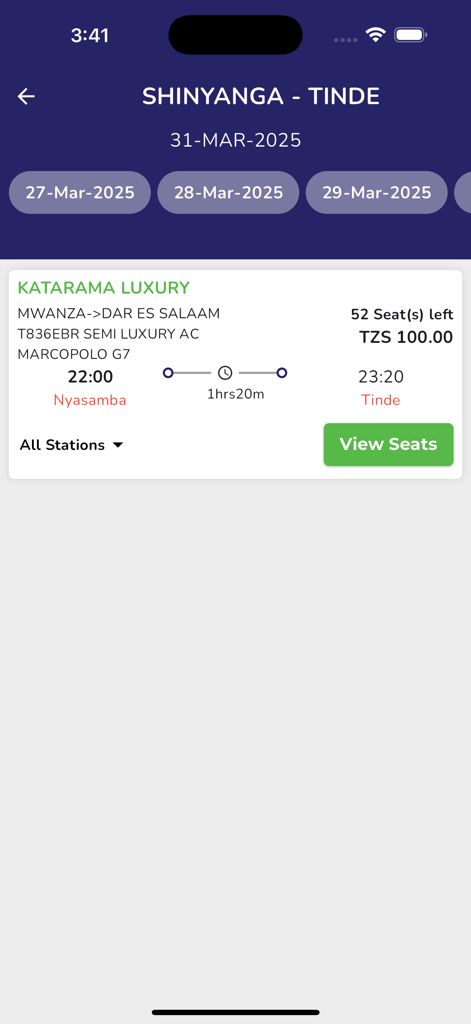 Bus search results in the Katarama Luxury app showing routes, travel times, and ticket prices for travel in Tanzania.