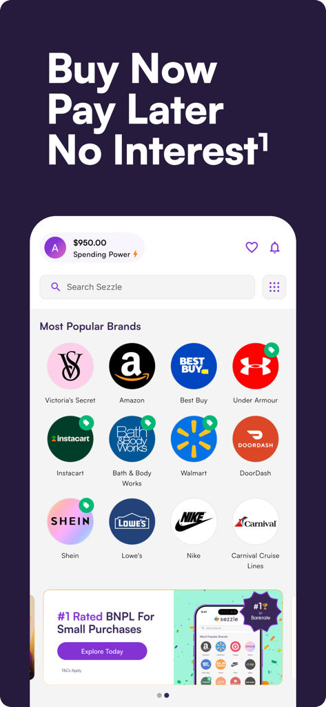 Sezzle - Buy Now, Pay Later - Interface de l’application Sezzle affichant le pouvoir d’achat et les marques de détail populaires comme Amazon Nike et Walmart pour les achats en plusieurs fois sans intérêt