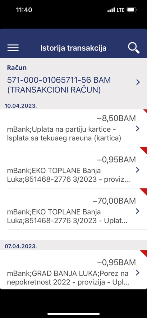 Transaction history screen in the mBank BPS mobile app showing recent utility and tax payments in BAM currency.
