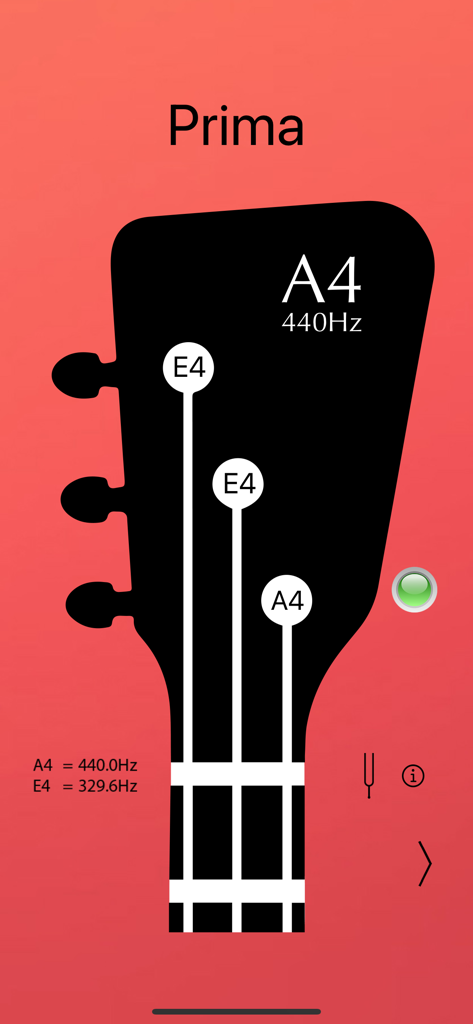 Balalaika Tuner Pro - Balalaika Tuner Pro app interface showing Prima tuning with string indicators for E4 and A4 and frequency in Hz.