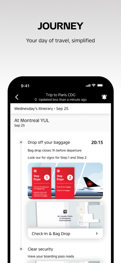 Air Canada + Aeroplan - モントリオールからパリへのフライトの旅行日程と手荷物預け入れ手順を示す、Air Canadaアプリのジャーニースクリーン。