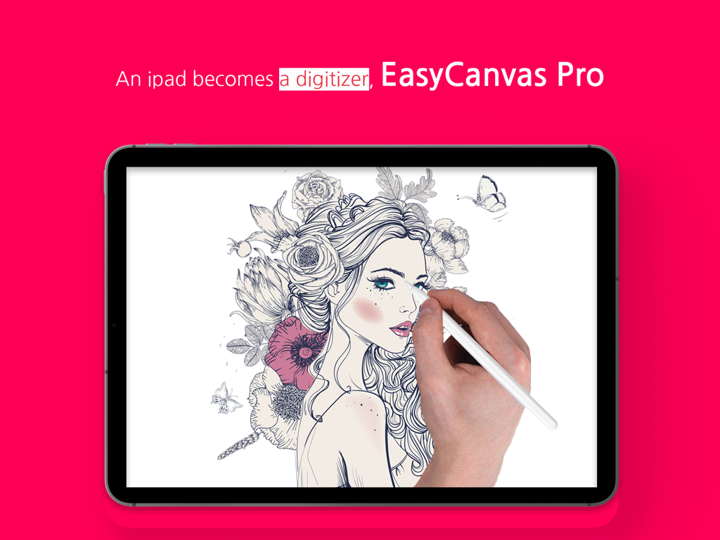 EasyCanvas -Graphic tablet App - Eine Person, die mit einem Apple Pencil ein detailliertes Blumenporträt auf einem iPad mit der EasyCanvas Pro App zeichnet