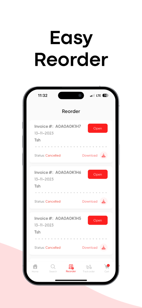 Dawa Mkononi - Interfaz de la aplicación móvil Dawa Mkononi que muestra la pantalla de readquisición fácil con una lista de facturas anteriores y botones abiertos.