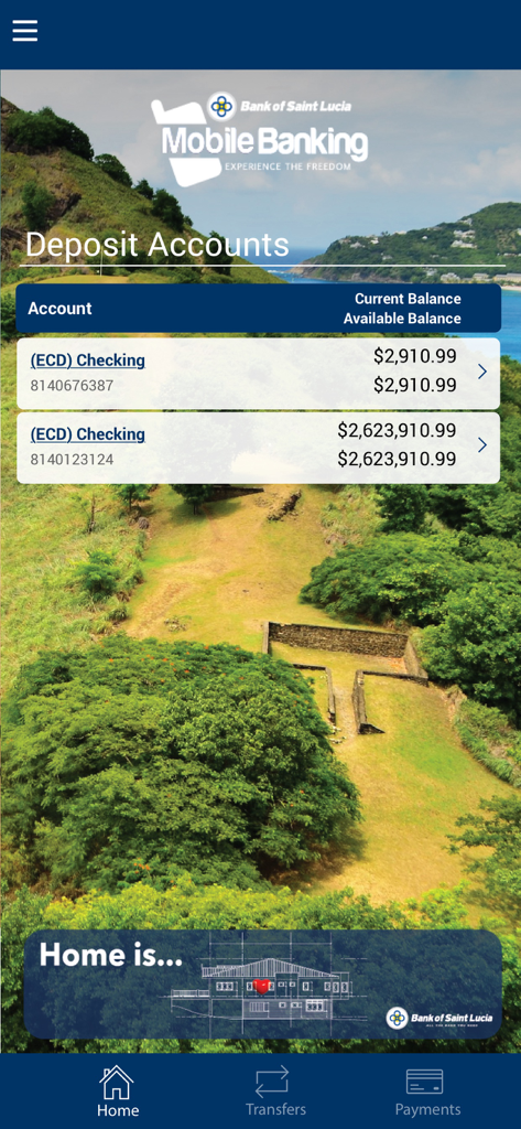 Bank of Saint Lucia - A screenshot of the Bank of Saint Lucia mobile banking app displaying a deposit accounts overview with checking account balances against a scenic Caribbean landscape background.