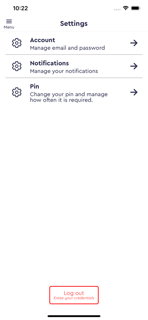 Einstellungsbildschirm der Intouch-App mit Optionen für Konto, Benachrichtigungen, PIN-Verwaltung und eine Abmeldeschaltfläche.