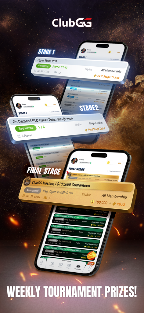 Tres teléfonos inteligentes mostrando diferentes etapas de un torneo semanal de ClubGG Poker con un premio garantizado.