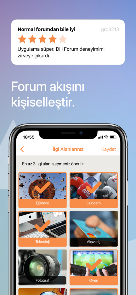 DonanimHaber mobile app screen for personalizing forum feed by selecting interest topics