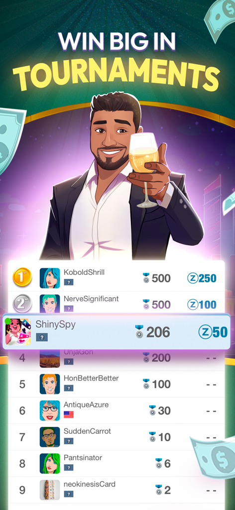 Blackout Blackjack - Real Cash - ブラックアウト・ブラックジャックのトーナメントリーダーボード、プレイヤーのランキングと賞品が表示されている