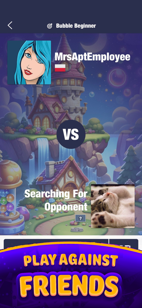 Real Cash Bubble Buzz Shooter - Matchmaking screen in Real Cash Bubble Buzz Shooter app featuring the text Play Against Friends and a searching for opponent status