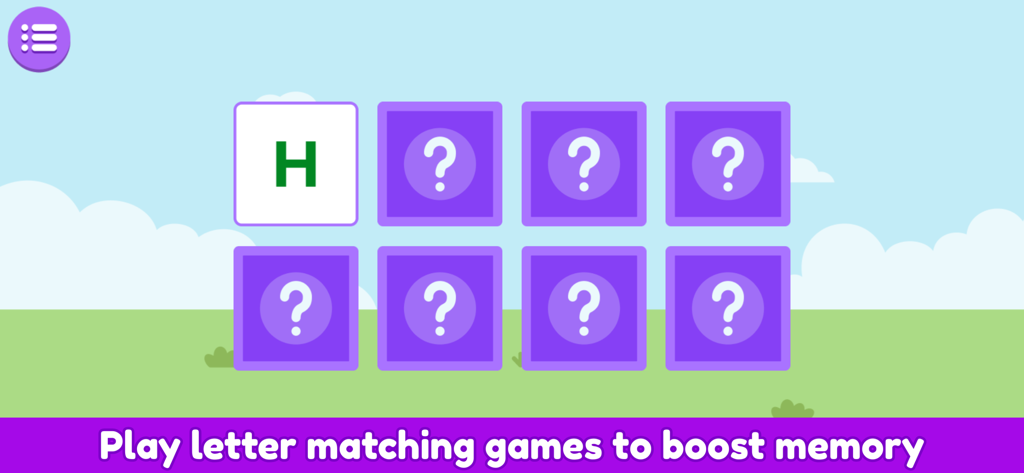 A children's memory matching game screen featuring a letter H and purple question mark cards.