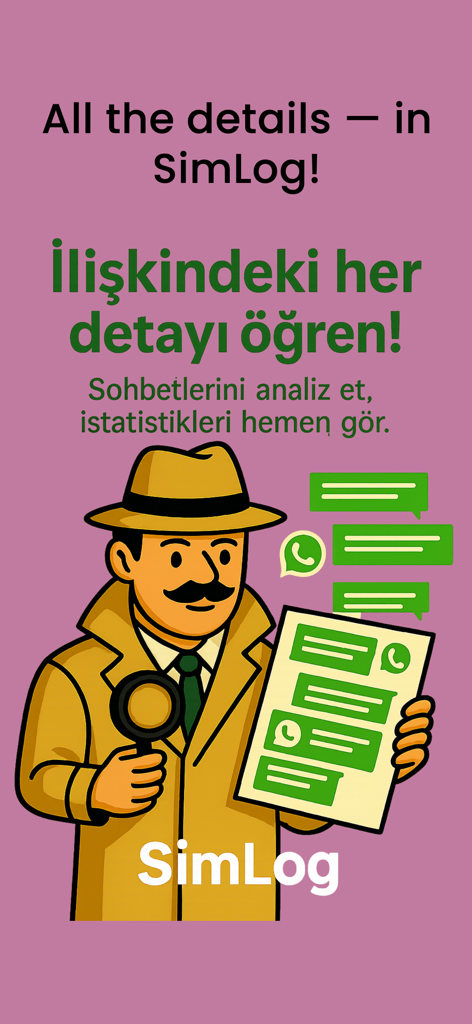 SimLog - Sohbet Analiz - Cartoon detective character holding a magnifying glass and chat report for SimLog app analysis.