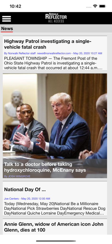 The news feed of the Norwalk Reflector mobile app showing local and national news headlines