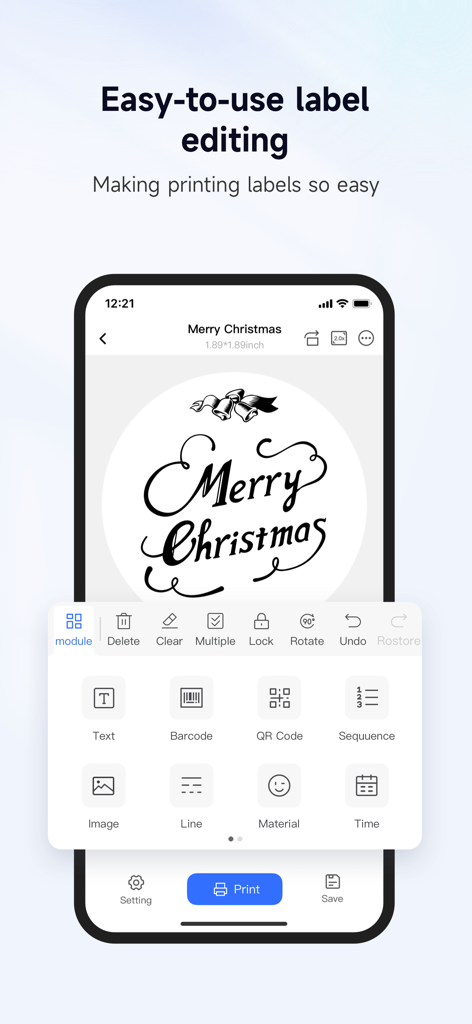 Label Expert - Mobile interface of the Label Expert app showing label editing tools and a Christmas design