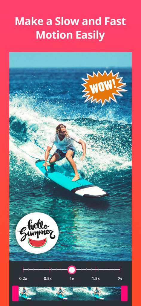 Video Plus - Music Editor Crop - Video Plus app interface showing speed adjustment slider for slow and fast motion on a surfing video with stickers