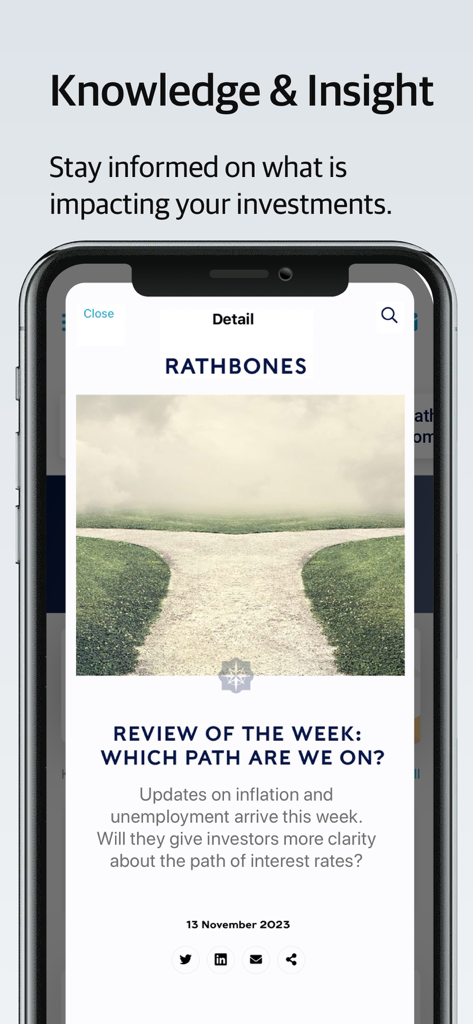 A mobile screen from the MyRathbones app titled Knowledge and Insight showing an investment review article about interest rates and inflation.
