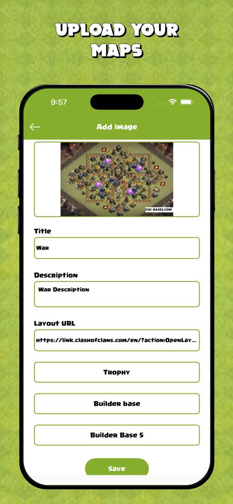 Map Layout for Clash of Clans - Mobile app screen for uploading a Clash of Clans base layout with fields for title description and URL