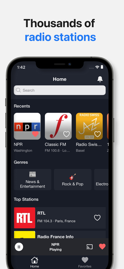 Radio App home screen featuring various radio stations and genres