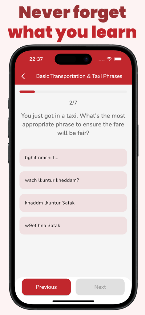 GoDarija Learn Moroccan Arabic - GoDarija app interface showing a multiple-choice quiz for learning Moroccan Arabic transportation and taxi phrases