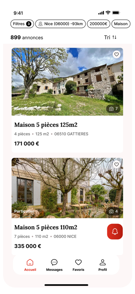 Interfaz de la aplicación ParuVendu mostrando anuncios de casas en venta en Francia