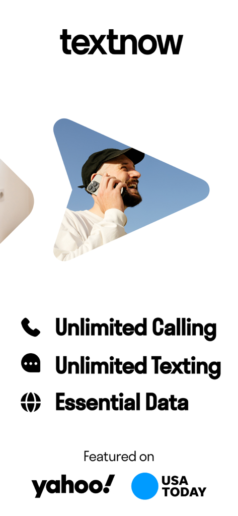 TextNow app interface highlighting unlimited calling, texting, and essential data features.