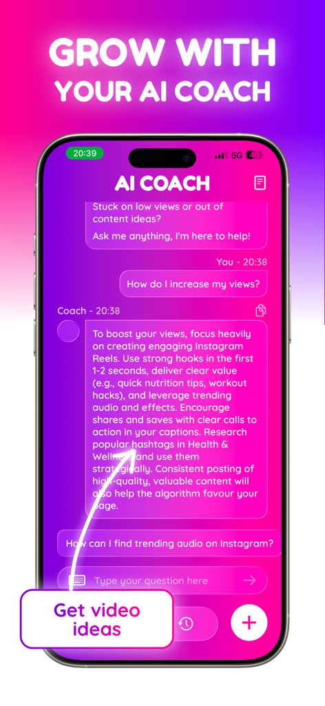 Blow Up - Go viral using AI - Blow UpアプリのAIコーチインターフェースに、ソーシャルメディア視聴回数を増やす方法に関するアドバイスが表示されています