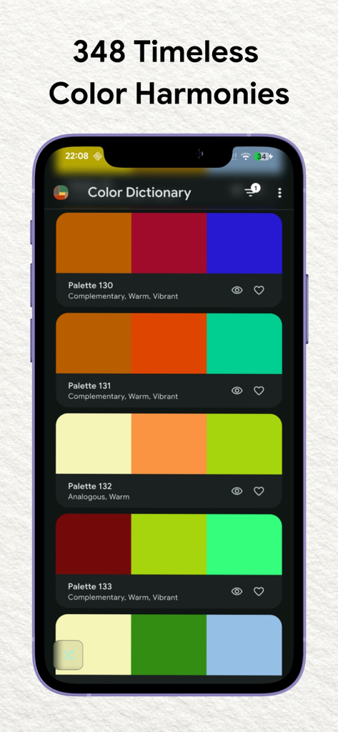 Una captura de pantalla móvil de la aplicación Diccionario de Colores que muestra una lista de varias combinaciones de paletas de tres colores con etiquetas descriptivas.