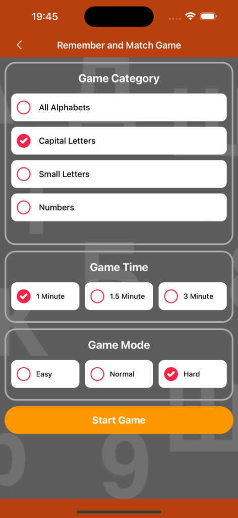 Interfaz de usuario para seleccionar la categoría del juego, el tiempo y la dificultad en el juego de emparejar del alfabeto ruso