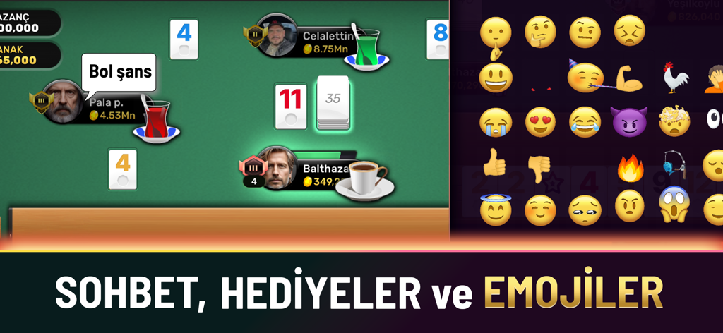 Okey Elit gameplay screen showing social chat bubbles virtual gifts like Turkish tea and an emoji selection panel