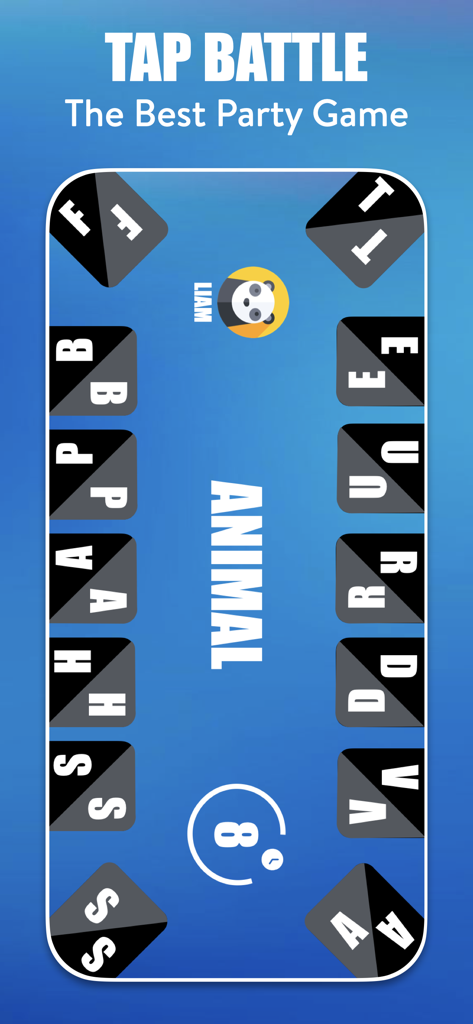 Tap Battle - Party Game - Interface do jogo Tap Battle mostrando a categoria de animais e a roda de letras