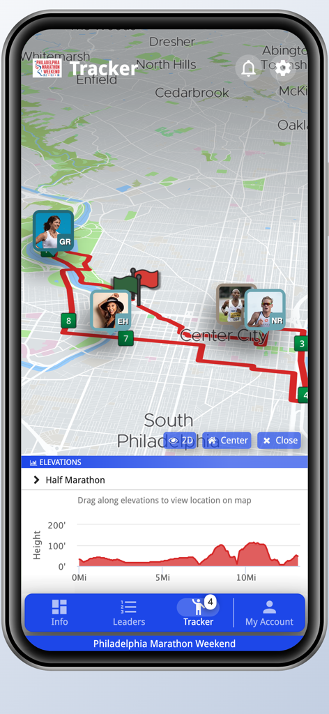 A live race tracking map showing athlete positions and a half marathon elevation profile in the Philadelphia Marathon Weekend app