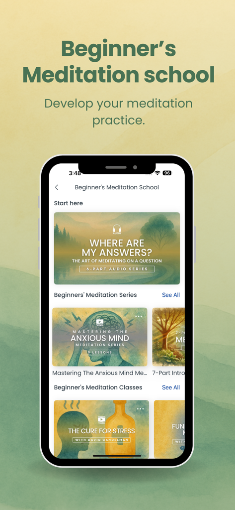 Écran mobile montrant une variété de cours de méditation pour débutants, y compris la maîtrise de l'esprit anxieux et le remède au stress