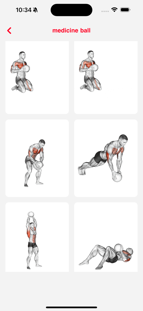 Fit Pro: Home & Gym Workouts - Interfaz de la aplicación Fit Pro que muestra varios ejercicios con balón medicinal con resaltado de grupos musculares anatómicos.