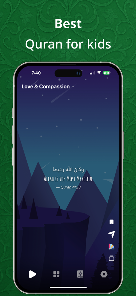 Smartphone, das einen Koranvers über Barmherzigkeit mit einem nächtlichen Berg-Hintergrund anzeigt.