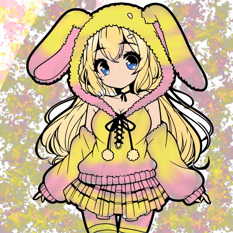 pretty anime girl wearing a fluffy hoodie with bunny ears on the hood and a skirt