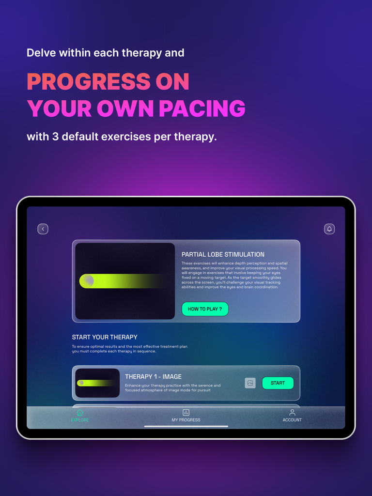 Neuromorfix - Neuromorfix app interface on iPad showing partial lobe stimulation therapy exercises