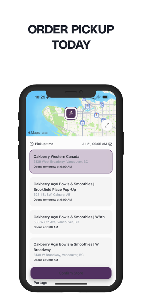 OAKBERRY CA - Oakberryモバイルアプリのインターフェース。アサイーボウルのピックアップ注文のための店舗検索マップと店舗リストが表示されている。