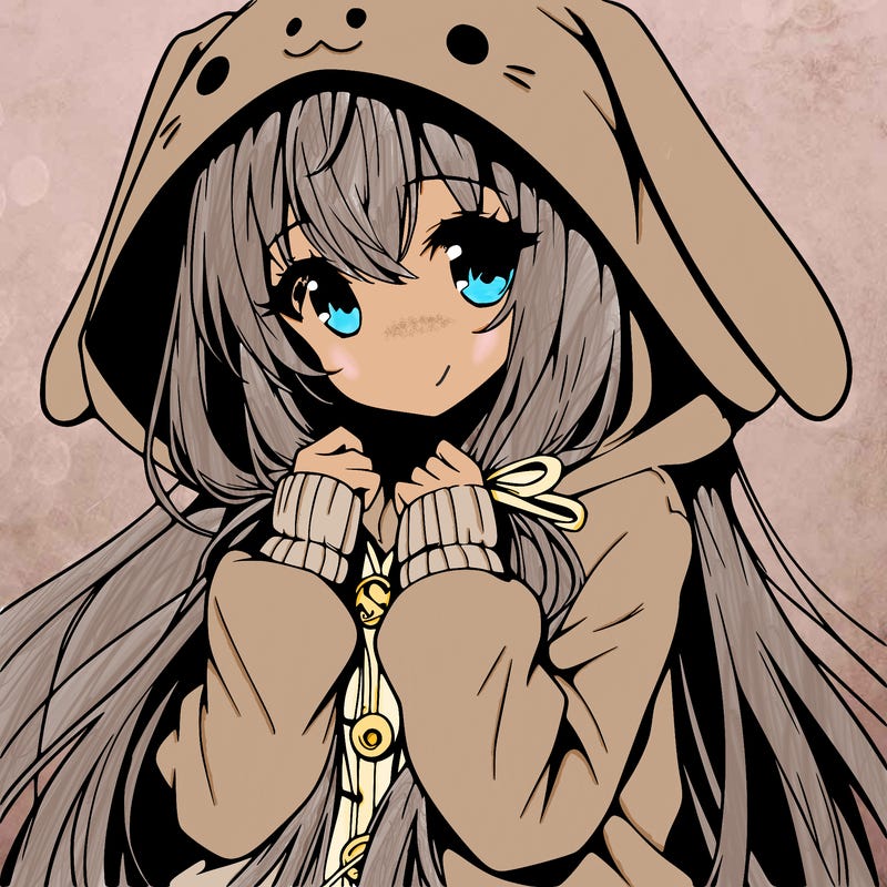 anime character girl with long hair cute bunny hoodie