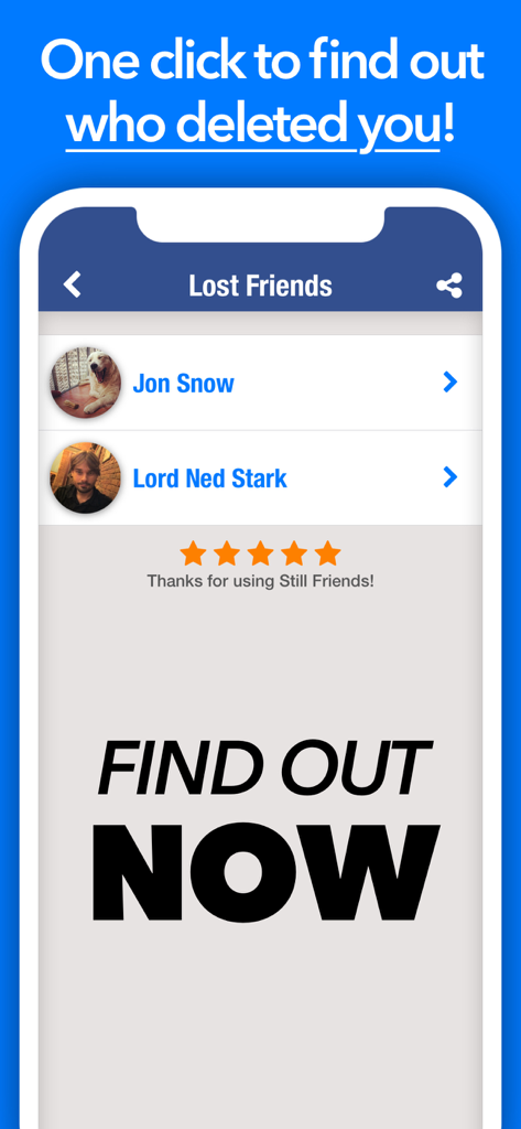 A mobile app interface titled Lost Friends showing a list of people who unfriended the user on Facebook