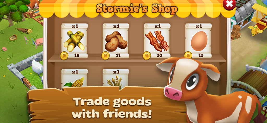 Farm Story 2™ - In-game market screen of Farm Story 2 showing tradeable farm goods and a cartoon cow.