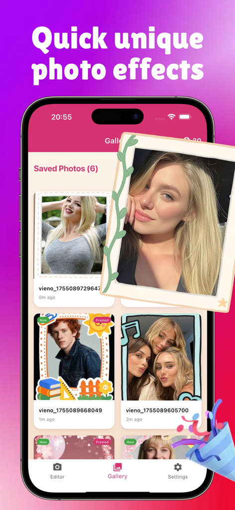 Vieno - Uma interface móvel do aplicativo Vieno mostrando uma galeria de fotos com molduras digitais exclusivas e adesivos fofos.