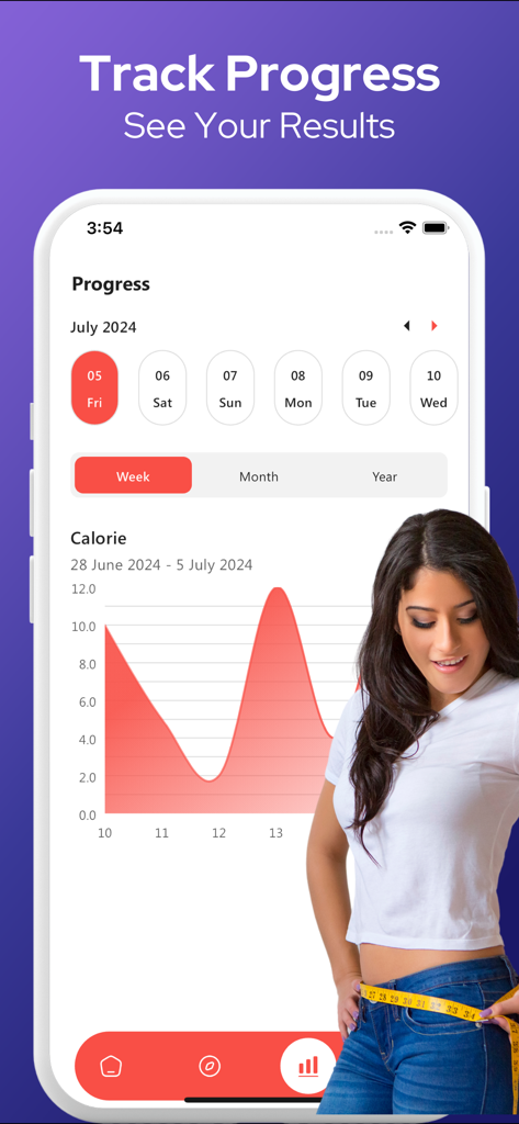 Pilates Workout at Home - A mobile app screen showing a progress tracker with a calorie chart and a woman measuring her waist.
