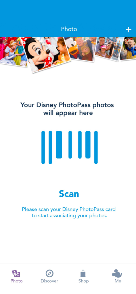 Interface of the Hong Kong Disney PhotoPass app showing the photo scan section with a barcode icon.