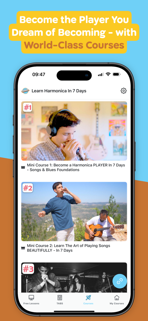 Learn Harmonica In 7 Days - Mobile app interface displaying a list of harmonica mini courses including blues foundations and song lessons