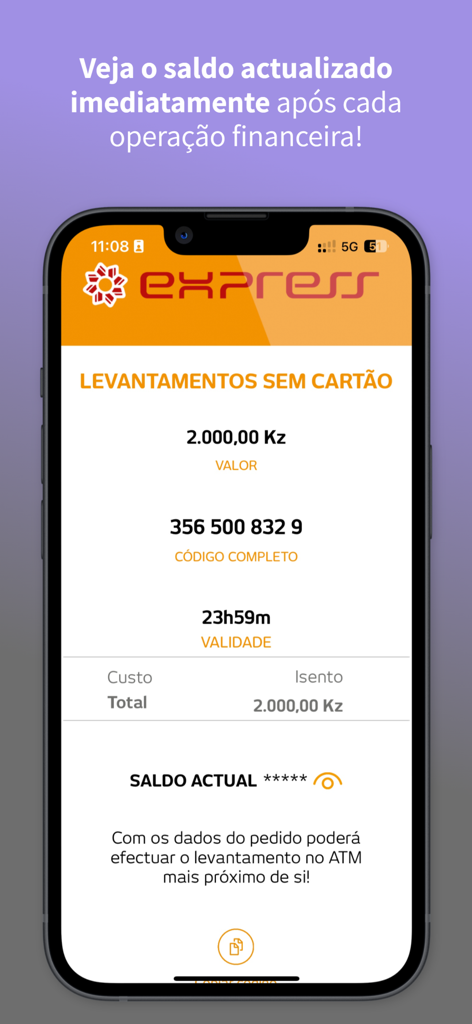 Interface de saque sem cartão do aplicativo MULTICAIXA Express com detalhes da transação