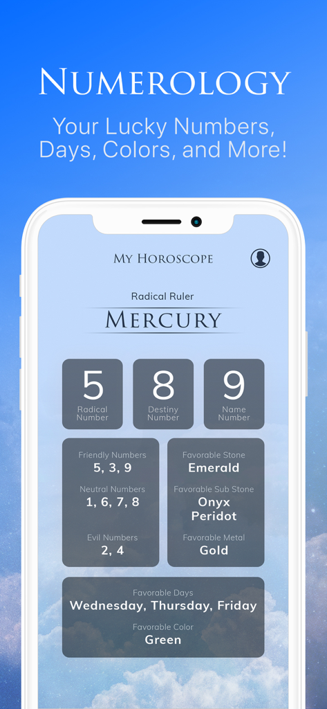 My Horoscope - Daily Astrology - Numerology screen showing lucky numbers and favorable stones in the My Horoscope app