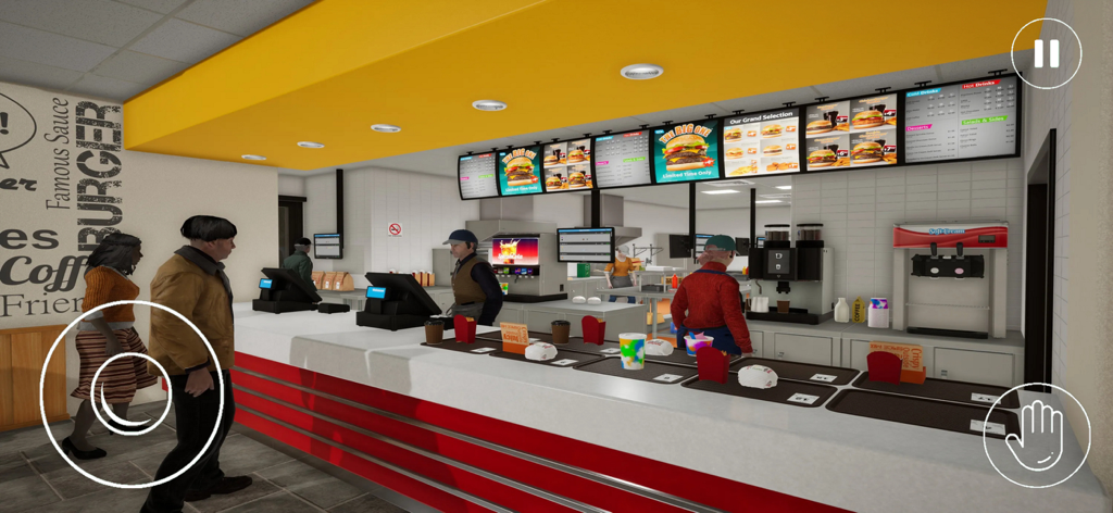 Fast Food Restaurant Simulator - カウンターにお客さんとデジタルメニューがあるファストフードレストランシミュレーターの内部ビュー