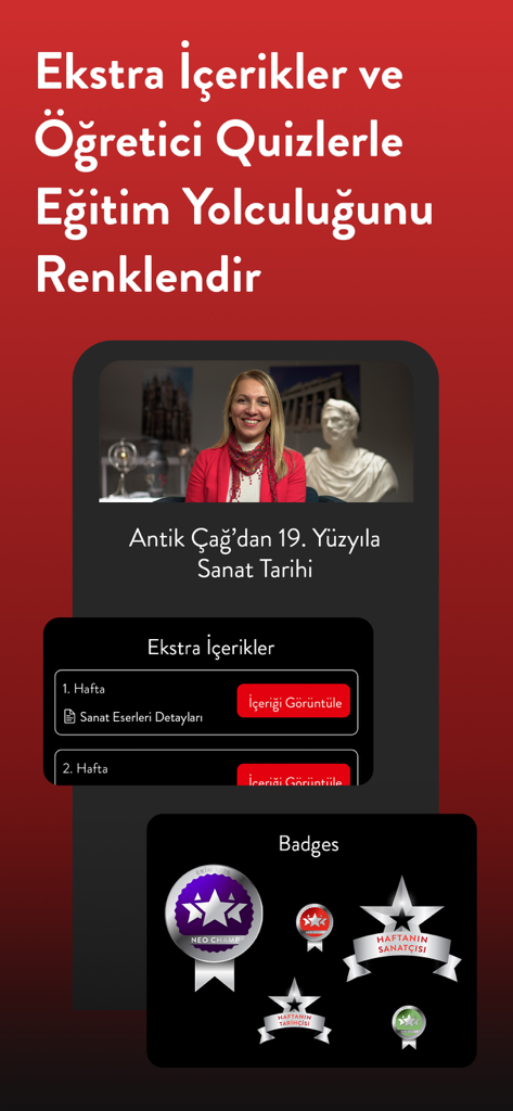 Neo Skola app screen showing extra course content and student achievement badges
