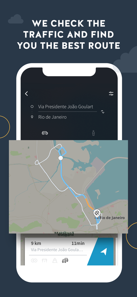 GPS Brasil: Offline navigation - Interface do aplicativo móvel GPS Brasil mostrando otimização de rota de tráfego em tempo real para o Rio de Janeiro