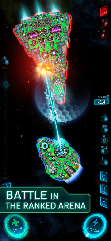 Two modular spaceships engaging in a laser battle in the ranked arena