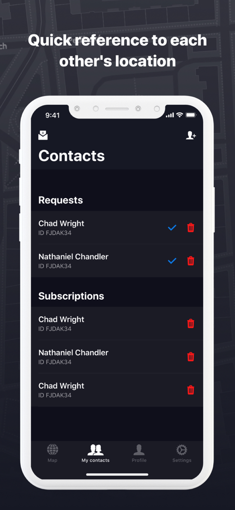 連絡先のリクエストとアクティブな追跡サブスクリプションが表示されているLocation Trackerアプリのインターフェース